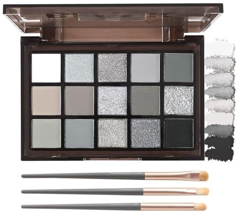 Goth Palette de fards à paupières noir, 15 couleurs, smoky eyeshadow mat, chatoyant, très pigmenté, gothique, imperméable et durable, avec 3 pinceaux