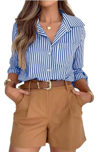 Tops Sommer Leinenbluse Damen Elegant Langarm Streifenbluse Hemden Basic Tops Casual Büro Arbeit Blusen Baumwolle Hemd Oberteile XL A Blue
