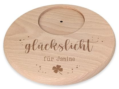 Herz & Heim® Kerzenhalter aus Holz mit Gravur Glückslicht – Personalisiert mit Name oder Wunschtext – Untersetzer für Kerzen aus Buchenholz – Geschenkidee & Glücksbringer