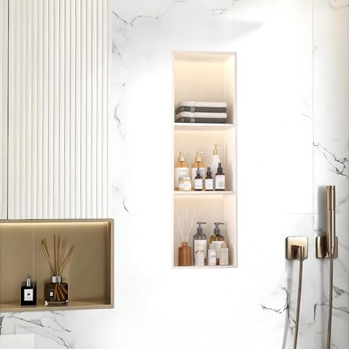 Baodiale Nicho de Ducha de Acero Inoxidable con luz LED No se Necesitan Azulejos Estante de Pared Blanco Estante de Ducha Empotrado para Almacenamiento