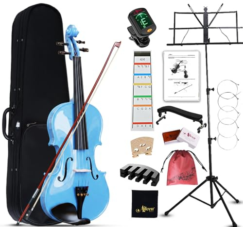 Aileen 4/4 Violín de Tamaño Completo para Adultos Principiantes, Fiddle Kit de Iniciación para Niños de 12 Años o Más, Azul Violín Set Estudiante con 13 Accesorios, incluyendo Atril, Pegatina Nueva
