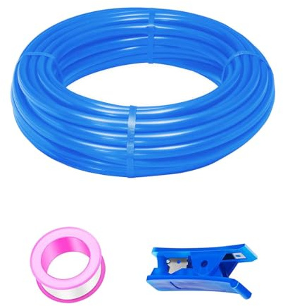 HUAZIZ 20 m blå PU pneumatisk slang, pneumatisk polyuretanslang, flexibel tryckluftsslang, yttre 10 mm x inre 6,5 mm + 1 styck blå slangskärare + 1 st rosa teflonband