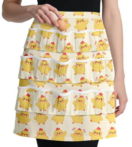 CUTHOLLOW Cartoon Chick Egg Collecting Apron for Adlut, Women, Housewife, 18 Deep Pockets Hen Egg Gathering Holding Apron with Elastic Closures for Farmhouse, Kitchen, Restaurant