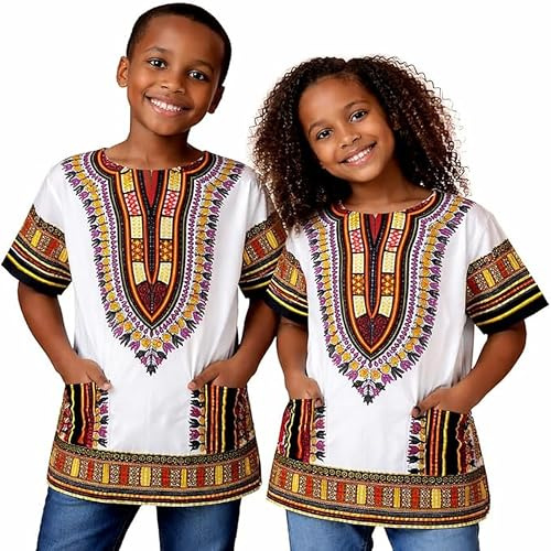 Adalex Global Dashiki African Kids Shirt Traditional Design, Authentic Clothes for Children Ethnic Patterns and African Print Boy Girl (UK, Age, 10 Years, 12 Years, Regular, White Orange Yellow)