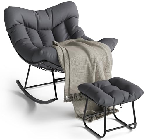 Garvee Komfortabler Schaukelstuhl für den Garten, Eiförmiges Design mit Fußhocker und Robustem Kissen, Wetterfestes Metallgestell, Ideal für Terrasse, Balkon und Veranda, Schwarz mit Grauem Sitzbezug