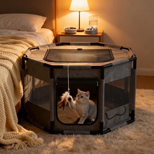 LZQ Vikbar sällskapsdjur lekhage hund katt valpgård, hundbur djurlekhage PVC-ram, djurbur djurlekhage hundbox valpgård för hundar, katter, små djur – åttkantig, M