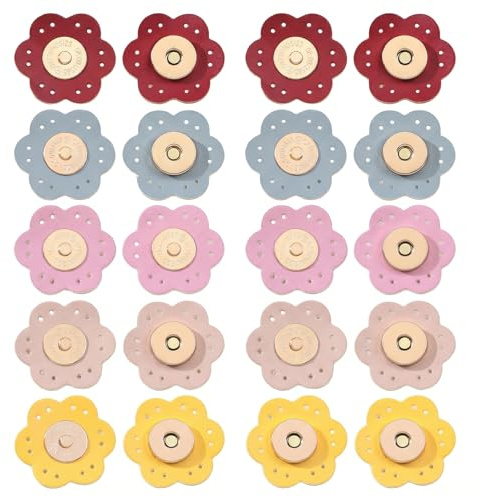 MYZWEL 10 Paia Bottoni Magnetici per Borse in Pelle, Chiusura Magnetica a Forma di Fiore, Chiusure per Borse Uncinetto e Cucito Fai da Te, Accessori per Borse in 5 Colori Assortiti