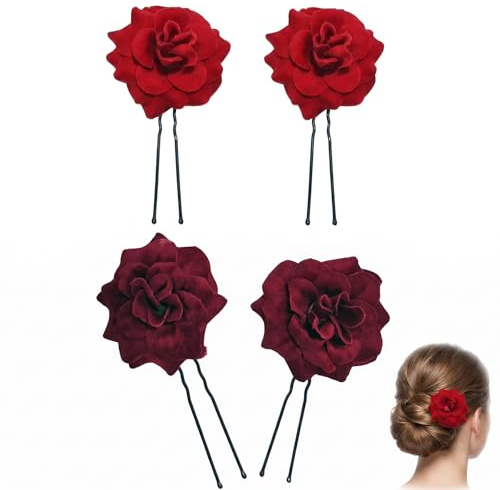 Lot de 4 Fleurs Cheveux Mariage Rouge et Bordeaux - Épingles à Cheveux Fleur Artificielle de 5cm pour Femme et Mariée - Accessoires Cheveux Mariage Chic pour Chignon et Coiffure de Cérémonie