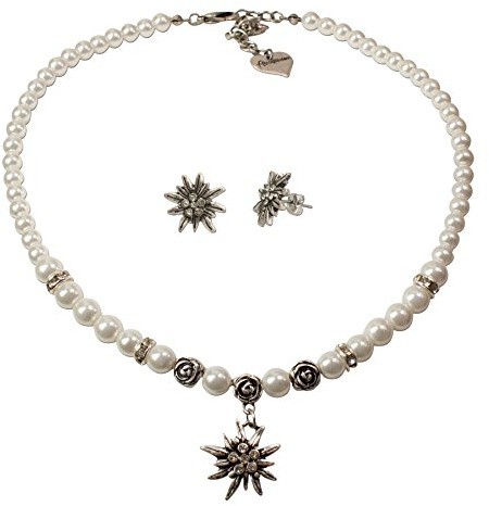 Alpenflüstern Trachtenschmuck-Set Perlen-Trachtenkette und Ohrstecker Strass-Edelweiß - Damen-Trachten-Schmuck, Trachtenset Dirndl-Kette und Trachten-Ohrringe in schwarz und Creme-weiß SET010