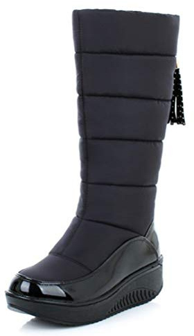Toride Botas de nieve para Mujer Plataforma Invierno Cálido Corto Zapatos de flecos de felpa Resbalón en la mitad de la pantorrilla Cuñas de punta redonda Botas holgadas