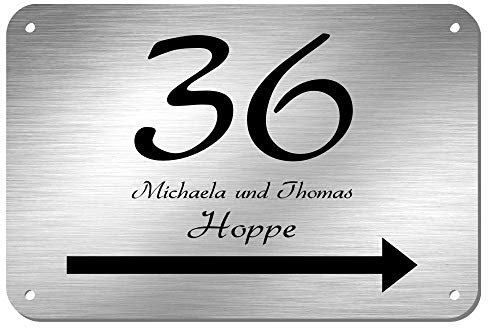 Edelstahl Hausnummer Namensschild Hinweisschild mit Pfeil und individueller Laser-Gravur * Modell 36 (300 mm x 200 mm)