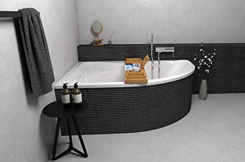 ECOLAM® Badewanne Eckwanne Eckbadewanne Acryl weiß Dora Polimat 170x110 cm LINKS + Bambus Ablage + universelle Styroporverkleidung + Ablaufgarnitur Ab- und Überlauf Automatik Füße Silikon