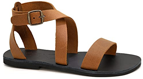 40 Dunkelbraun Emmanuela Griechische handgefertigte flache Ledersandalen, Knöchelriemensandalen mit verstellbarer Schnalle, Sommerschuhe mit Knöchelmanschette, Riemchensandalen mit offenen Zehen