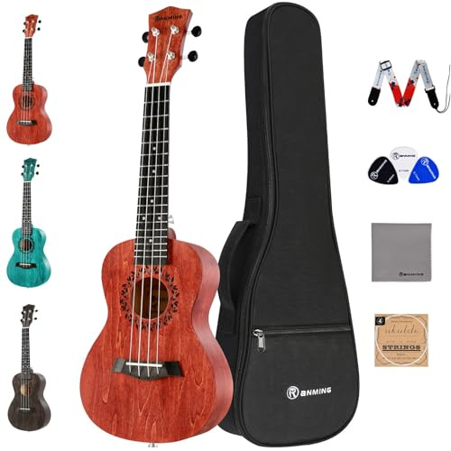 RANMING Konzert-Ukulele aus Holz für Erwachsene und Kinder, Anfänger, 58,4 cm, Ukulele-Starter-Set mit Gigbag-Gurt, Nylonsaite, hochwertiges Lindenholz, rotes Ukulele