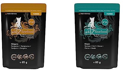 catz finefood Purrrr Känguru Monoprotein Katzenfutter nass N° 107, für ernährungssensible Katzen & Purrrr Hirsch Monoprotein Katzenfutter nass N° 121, für ernährungssensible Katzen