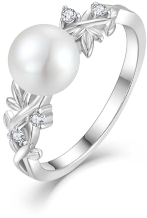 RGEMCY Pearl Leaf Rings for Women 925 Silver Freshwater Real Pearl Cz Rings for Wedding Engagement Anniversary Size 7