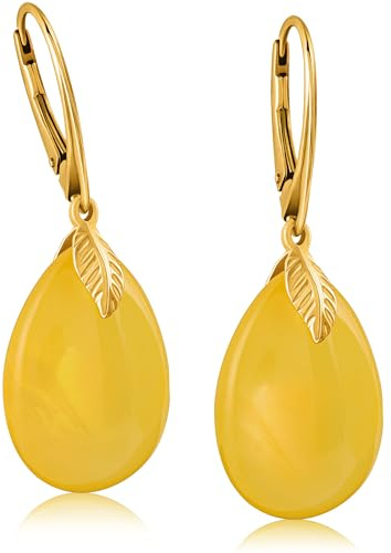 Amber by Mazukna - Pendientes de ámbar - Elegante joyería de ámbar colgante con accesorios dorados para mujer, pendientes de ámbar en forma de lágrima, joyería para mujer, 15 mm, Plata de ley, Ámbar