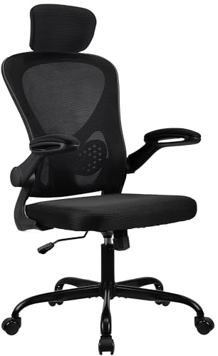 T-THREE.Adjustable headrest office chair, high-back ergonomic computer swivel seat with lumbar support, height adjustment, 360° rotation, tilt function, and 90° flip-up armrests for home office