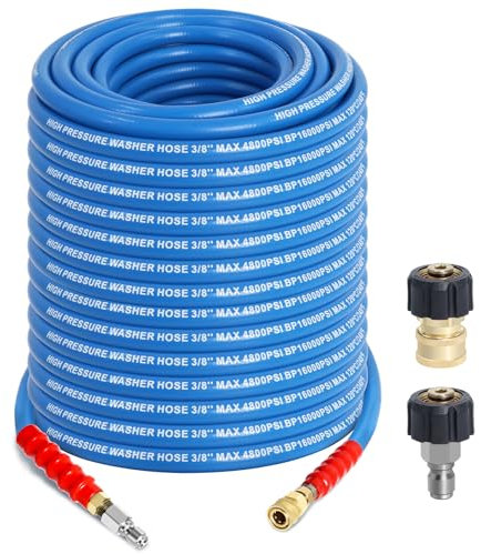 Tubo flessibile per idropulitrice da 3/8, 30,5 m - 4800 psi, resistente alle pieghe, in filo di acciaio intrecciato, di grado industriale, per acqua calda/fredda fino a 120 °C, con 2 terminali M22 da