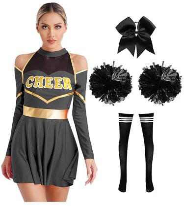 Alvivi Cheer Leader Kostüm Damen Cheerleading Uniform mit Pompons Socken Haarband Schulmädchen Kleid Halloween Karneval Fasching Kostüm Schwarz XL