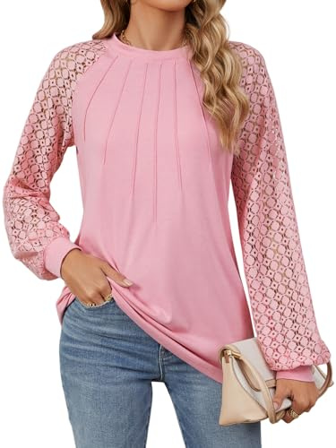 Chemisier Femme Chic et Élégant Pull Femme Haut Dentelle Tee Shirt Manche Longue Tunique Femme Blouse Casual Tops (Rose,XL)