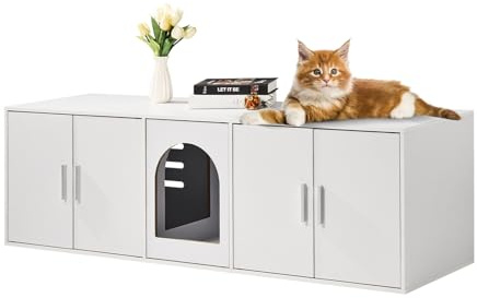 VEVOR Muebles de Baño Oculto para Gatos 1,47 x 0,46 x 0,45 m Casa de Inodoro Con Puertas Decoradas de Ratán Armario de Madera para Ocultar Las Cajas de Arena, Blanco