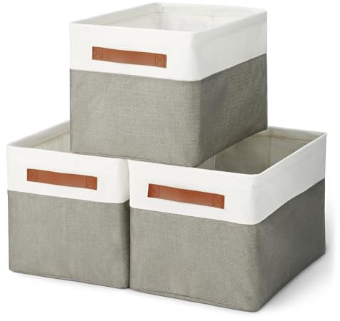 Amazon Basics Contenitori pieghevoli con manici in pelle, colore: antracite, grandi, confezione da 3