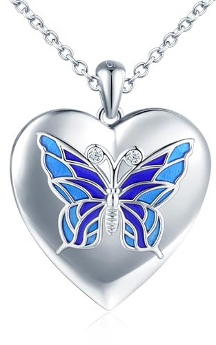 MICMIF Plata de ley 925 Collar Fotos Medallón de Corazón con Mariposa, Colgante Foto Personalizada con Cadena 45+5cm, Joyería Memorial Fotografía Relicario para Mujer Niña Mamá
