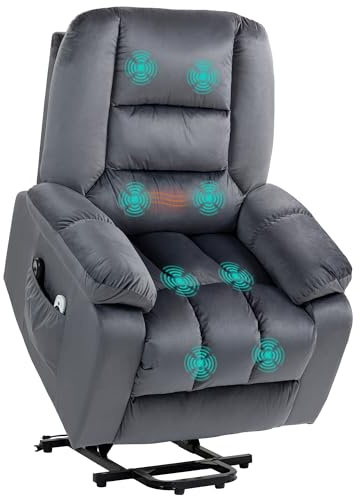 HOMCOM Fauteuil releveur électrique, Fauteuil Relax électrique, Assemblage Facile, 8 Points de Massage vibrants, Chauffant, revêtement en Imitation Velours, 2 télécommandes, Gris