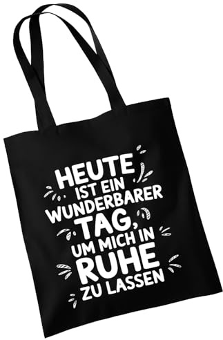 OM3 Baumwolltasche mit Spruch - heute ist ein wunderbarer Tag, um mich in Ruhe zu lassen - Baumwollbeutel - Tasche - Lange Henkel - Schwarz