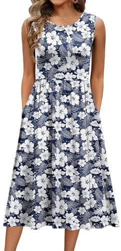 Yeenily Vestito Donna Estivo Lungo Vestito da Mare Elegante Collo Rotondo Senza Maniche A Vestiti Vita Alta A Line con Tasche(Blu Nascosto,L)