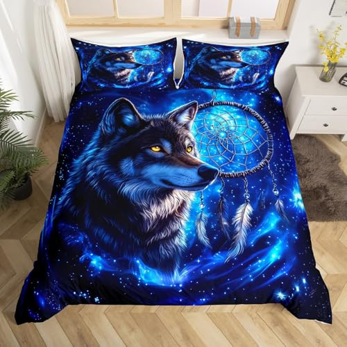 Homewish Wolf Bettwäsche Fantasie Sternenhimmel Traumfänger Bettbezug Set 135x200 für Jungen Mädchen Teenager Kinder,Moderne Ästhetisch Wildtiere Bettwäscheset Neuartig Tierliebhaber Raumdekor Weich