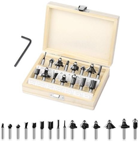 Losxuido 15 Stück Fräser für Oberfräse 6mm Schaft Oberfräse Fräser set Nutfräser Profilfräser Oberfräser Set mit Holzkoffer für Holzbearbeitung (6mm schwarz)