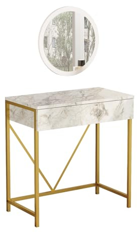 Rebecca Mobili Console Table with Mirror, Entryway Desk, White Marble Gold, Chipboard Iron Glass, with Drawer, Classic Style - Size HxWxD: 72 x 75 x 40 cm - Art. RE7218