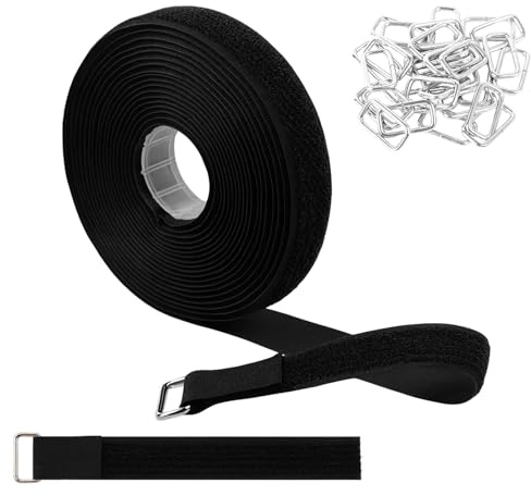 2cm x5m Hook and Loop Straps with 25 Metal Buckles,Cut-to-Length Reusable Cable Ties, Adjustable Nylon Securing Cinch Straps for Organising Cables Hoses Sports Gear Camping and DIY Projects