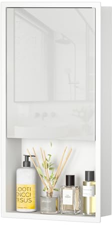 Bernkot 23.5‘’ x 11.7'' Shower Niche w/Glass Door, Recessed in Wall Niche for Bathroom Storage, 3-Tier Wall Recessed Shelf for Bathroom Remodel, No Tile Needed (White)