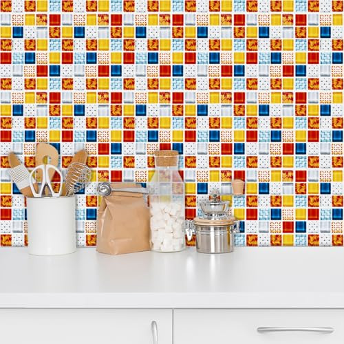 Carrelage Adhesif Mural Cuisine Rouge Bleu Jaune Blanc Carreaux Adhesif Cuisine Imperméables PVC Dalle Adhesive Murale Stickers Carrelage 20×240CM