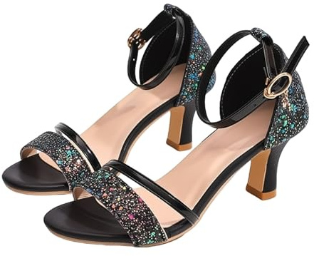Dam lågblockklack sandaler glitter band öppen tå ankel rem spänne uppklädd kväll fest bröllop gästskor