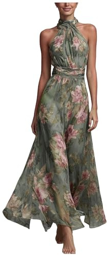 Robe Femme Chic Et Elegant Vintage sans Manche Dos Nu Robe Longue en Mousseline De Soie à Imprimé Floral pour Femme Fleurs Robes De Ceremonie Printemps ÉTé Cocktail, Mariage Casual