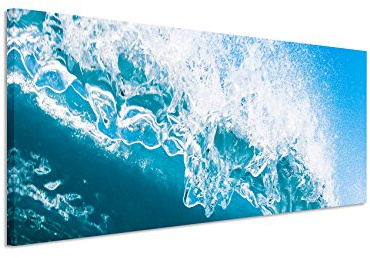 Panorama Fotoleinwand 120x40cm Naturfotografie – Blaue Meereswelle mit Gischt auf Leinwand exklusives Wandbild moderne Fotografie für ihre Wand in vielen Größen