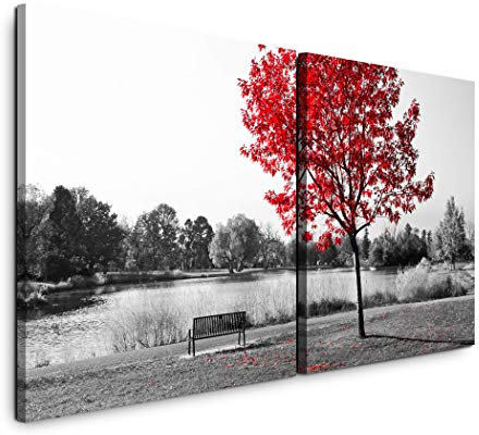 Paul Sinus Art GmbH Parkbank unter einem Baum 120x60cm - 2 Wandbilder je 60x60cm Kunstdruck modern Wandbilder XXL Wanddekoration Design Wand Bild