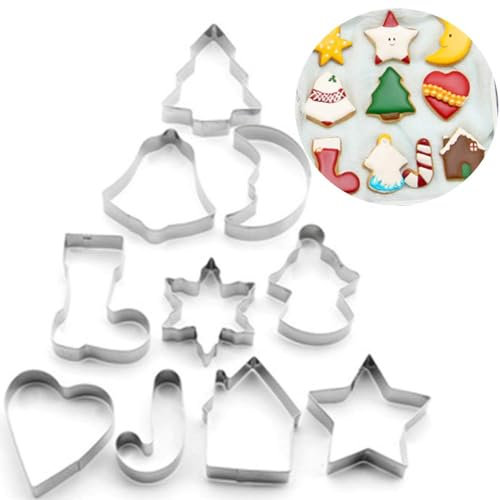 Xinlie Ausstechformen Weihnachten Plätzchen Ausstecher Weihnachten Set Weihnachtsausstechformen Set Keksausstecher aus Edelstahl für Keks,Backen Fondant Plätzchen,Tortendekorationen(10Stück)