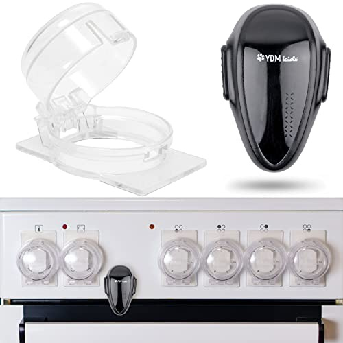 Herd Kindersicherung Set, für 6 Knöpfe, weißer Kleber, mit Backofentür Babysicherung in Schwarz, für max. Ø 4,9 cm und 4 cm hohe Herdknöpfe mit min. 6,1 cm Abstand Mitte-Mitte, Herdschutz Tür Knopf
