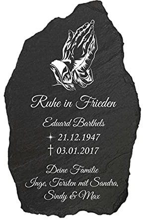 Schieferei – personalisierte Schiefer Grabtafel als Gedenktafel oder Grabschmuck – Schieferplatte mit Name, Trauerspruch uvm. selbst gestalten – Handmade in Germany (30 x 19 cm | Motiv: Betende Hände)