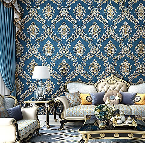 Rotolo di carta da parati in tessuto non tessuto, stile vintage, elegante, 5 colori, motivo damascato, 10 x 0,53 m, per camera da letto, soggiorno, (un damasco blu navy)