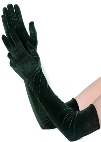 CHENGZI 53cm Golden Velvet Gloves Long Finger Cover Clothing Wedding Dress Gloves Mittens for Women (A-Green)