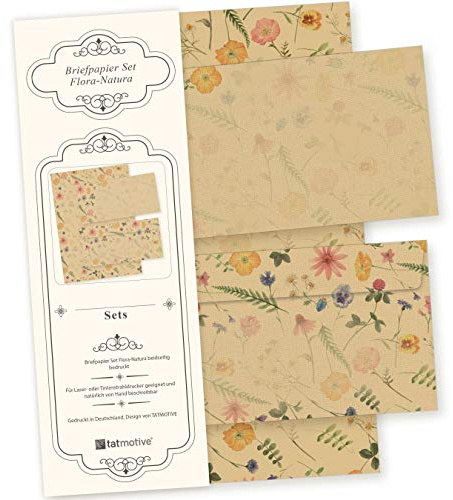 Briefpapier Set FLORA NATURA 25 Sets DIN A4 beidseitig | Mit Umschlag Vintage Blumen floral Natur für Frauen Erwachsene Brief Retro 90 g/qm Offsetpapier bedruckt 110 x 220 mm