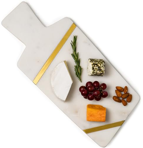 Cork & Mill Tagliere per formaggi in marmo per salumi, grande tagliere decorativo in pietra, vassoio lungo 38,1 cm, vassoio decorativo unico per carne e formaggio con manico dorato e bianco