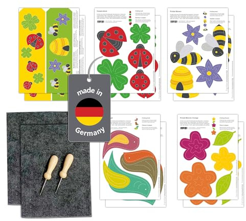 Familienmomente Maxi-Bastelset Käfer & Biene 10 Prickelvorlagen (je 2x Käfer, Biene, Vögel, Blumen Orange, Windlichter) DIN A5, je 2x Prickfilz, Prickelnadel