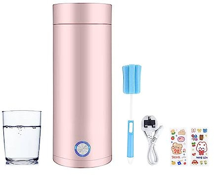 Hitopin Hervidor de viaje de 400 ml, mini hervidor eléctrico de viaje, hervidor de té de viaje de apagado automático, con 2 calcomanías y 1 cepillo para tazas, para hacer té, café, leche (rosa, 400